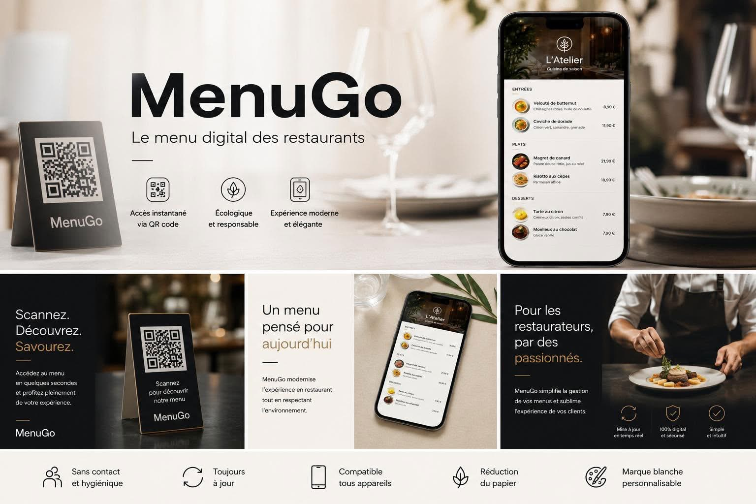 MenuGo en situation : chevalet QR code sur table, menu digital L'Atelier affiché sur smartphone et bénéfices pour les restaurateurs