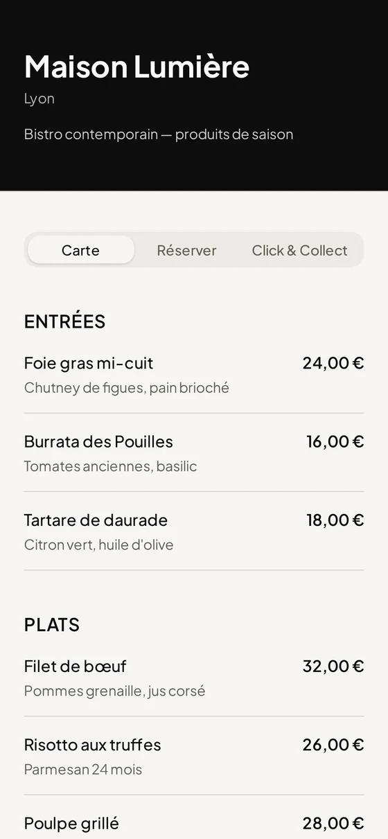 Carte du restaurant affichée sur téléphone après le scan du QR code